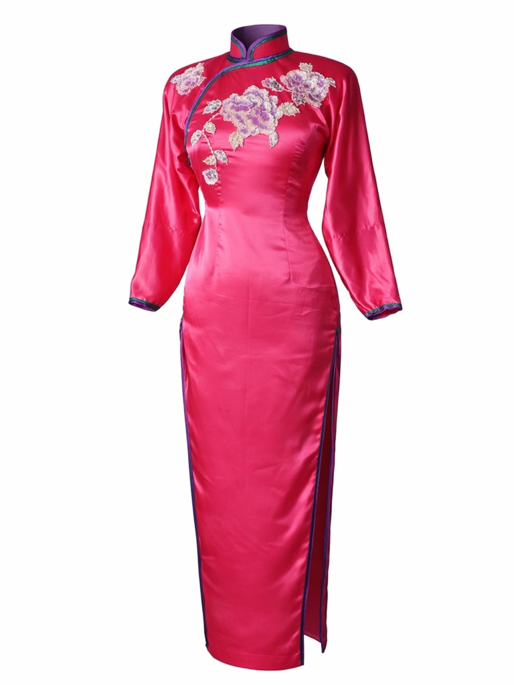 Vintage Chinese Party Qipao Cheongsam Pink Embroidered, Padded Shoulder Dress, S